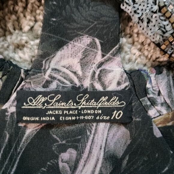 All Saints Retro Cavalry Harness Skeleton Floral Black Silk Maxi Dress Sz 10 - Picture 6 of 9